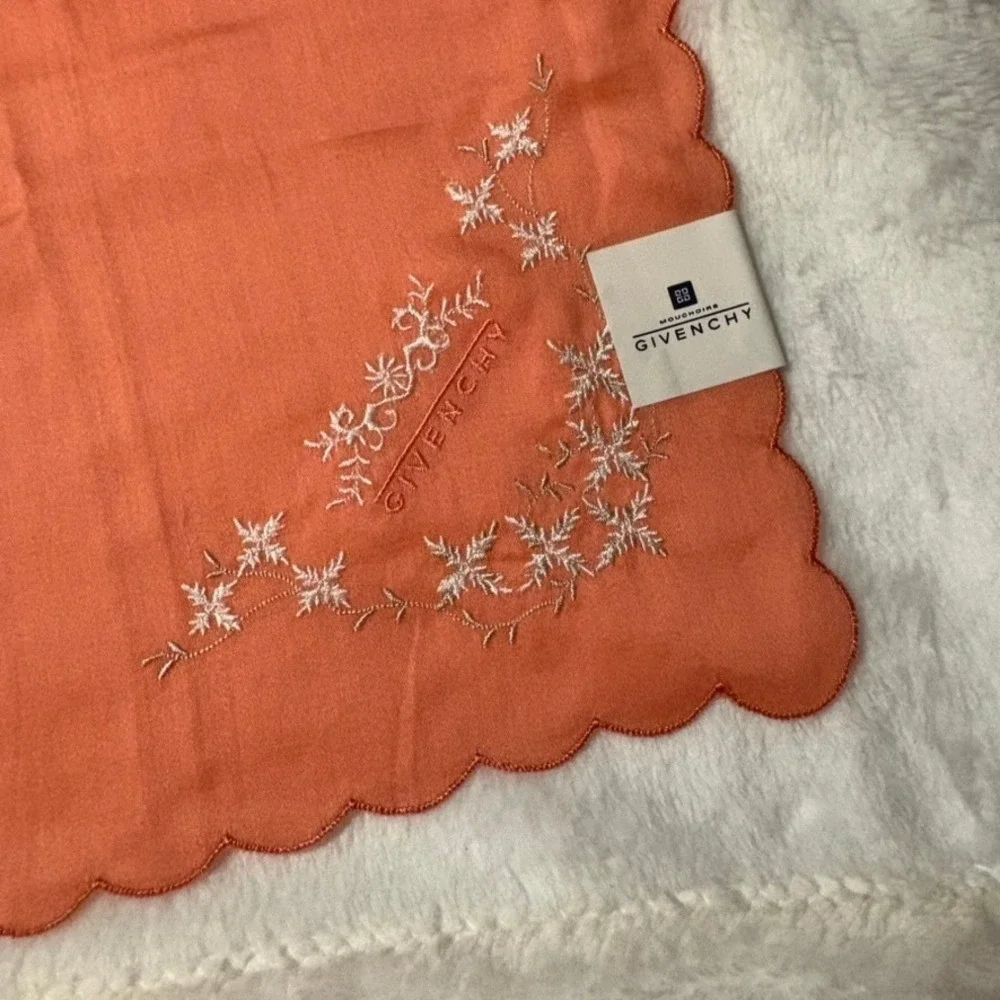 Vtg GIVENCHY Scarf Handkerchief Floral Embroidery Cotton Orange White 19.5